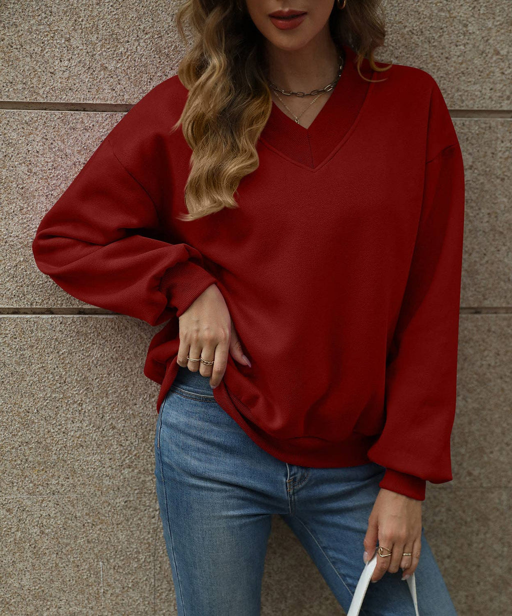 Solid Sweatshirt Casual Oversized V-Neck Pullover: Magenta / 35%Cotton+65%Polyester / M