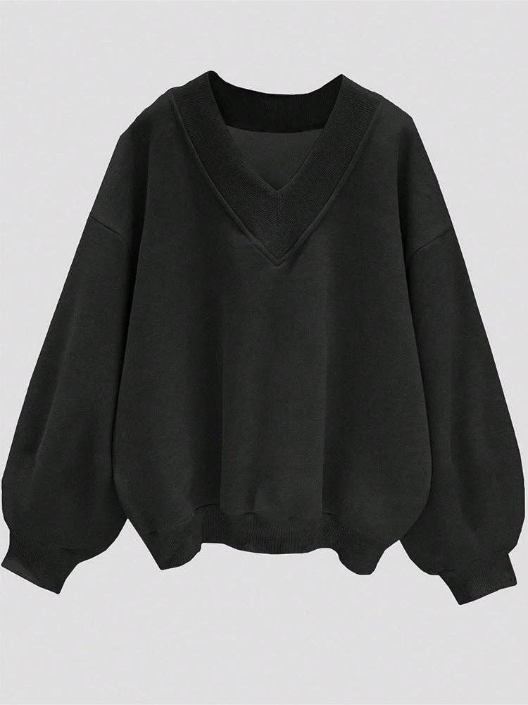 Solid Sweatshirt Casual Oversized V-Neck Pullover: Magenta / 35%Cotton+65%Polyester / M