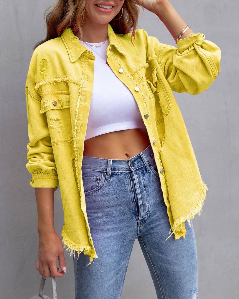 Ripped Long-Sleeved Denim Jacket: Black / XL