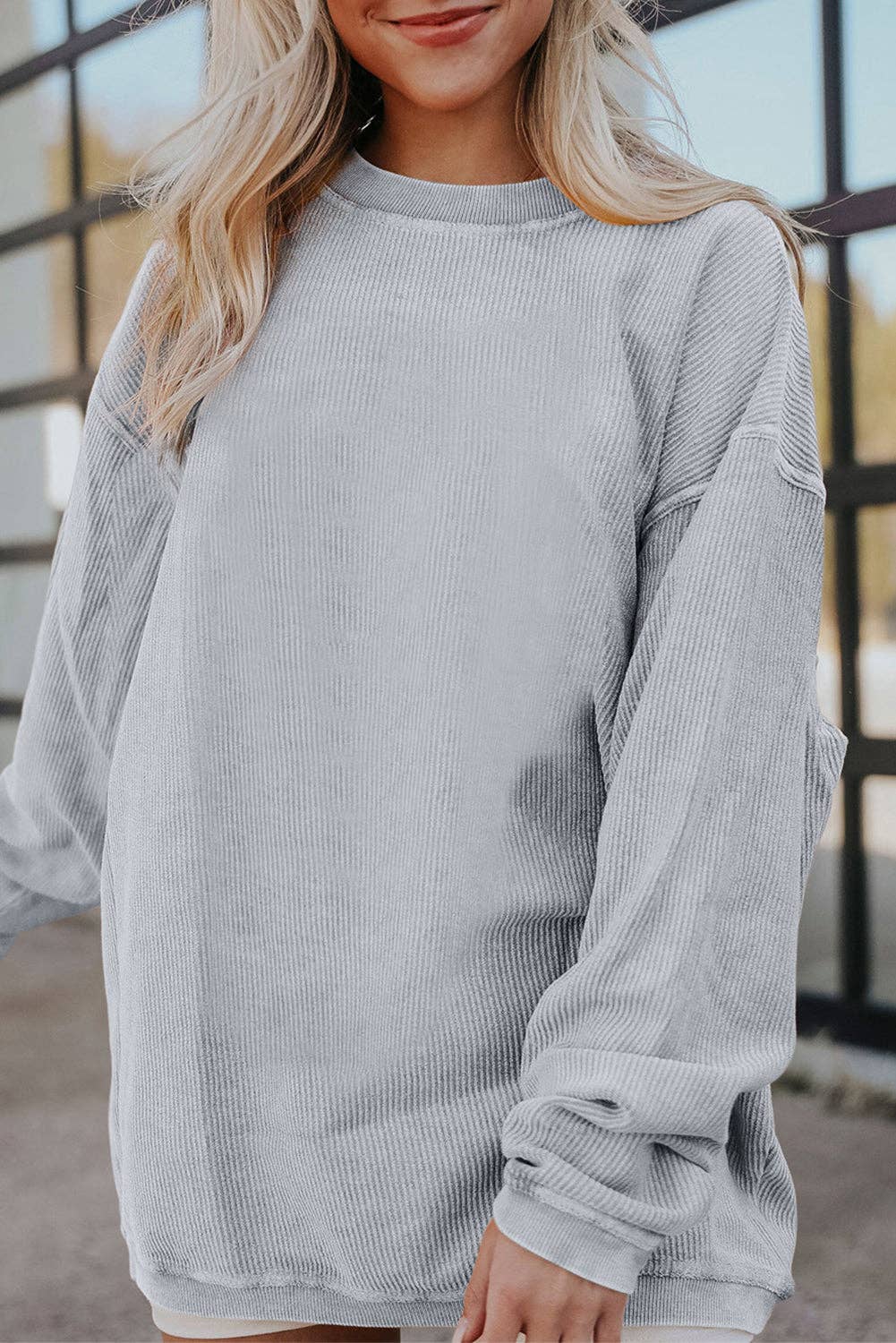 Ribbed Corded Oversized Sweatshirt: Grass Green / 100%Polyester / M