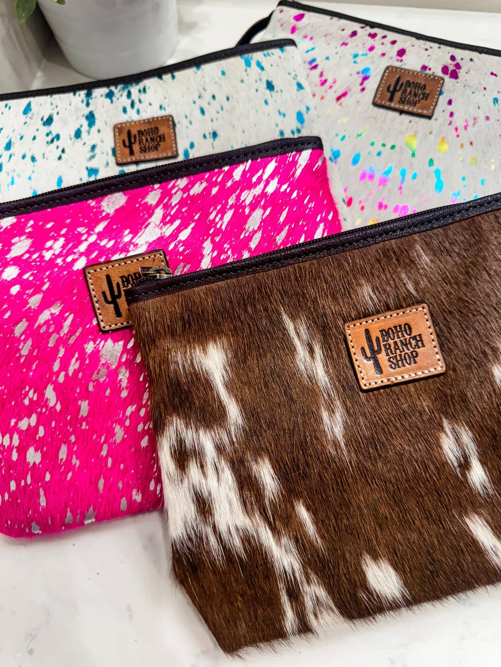 Western Cowhide Makeup Bag Travel: LEOPARD + RAINBOW