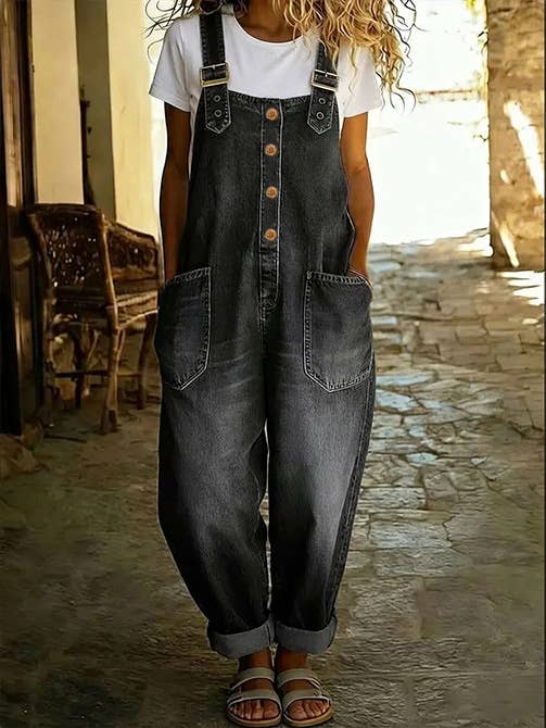 Washed Denim Overalls Adjustable Strap Relaxed Fit: Blue /  2XL