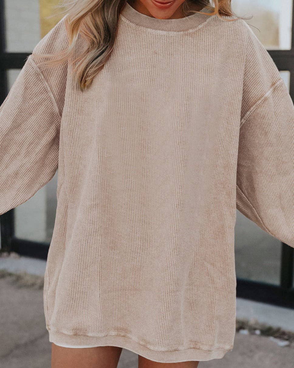 Ribbed Corded Oversized Sweatshirt: Black / 100%Polyester / L