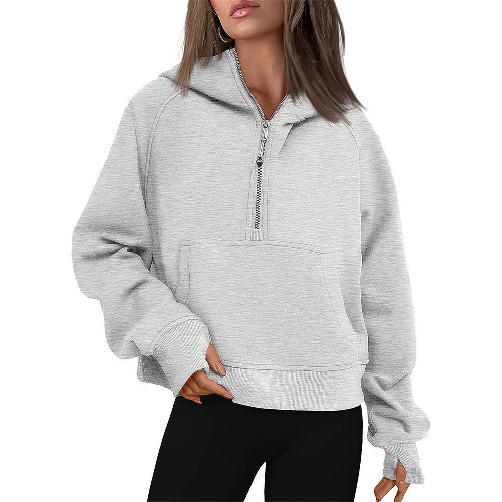 Athleisure half zip fleece hoodie funnel neck jacket: Ash / S