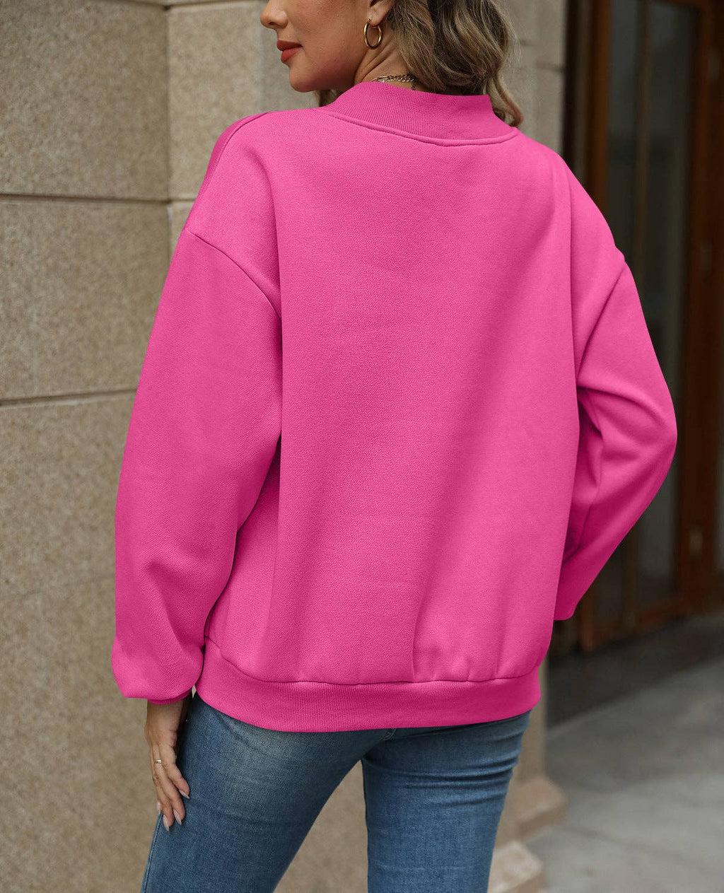 Solid Sweatshirt Casual Oversized V-Neck Pullover: Magenta / 35%Cotton+65%Polyester / M
