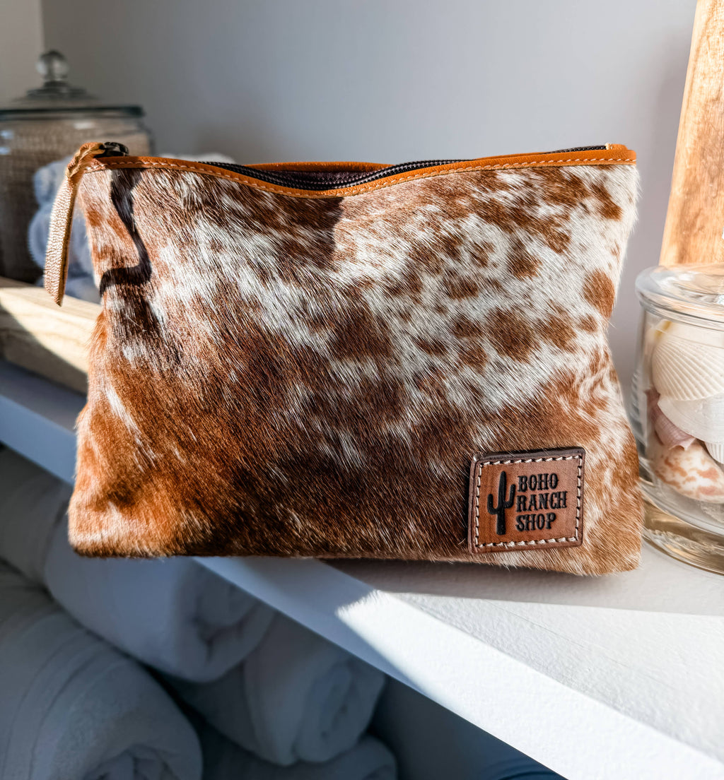 Western Cowhide Makeup Bag Travel: LEOPARD + RAINBOW