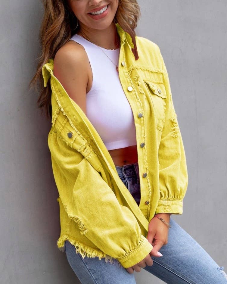 Ripped Long-Sleeved Denim Jacket: Khaki / L