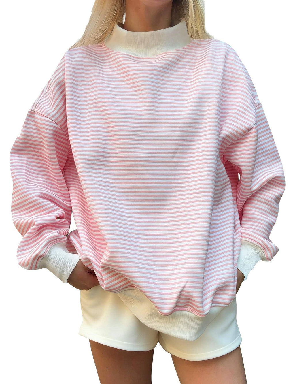Oversized Striped Mock Neck Sweatshirt: Black / S
