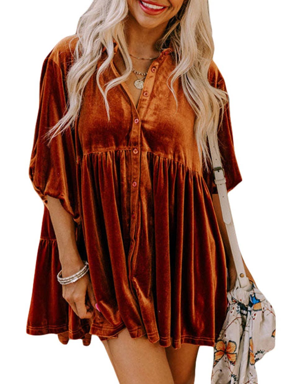 Velvet 3/4 Sleeve Tunic Babydoll Shirt: Pale Khaki / 95%Polyester+5%Elastane / S