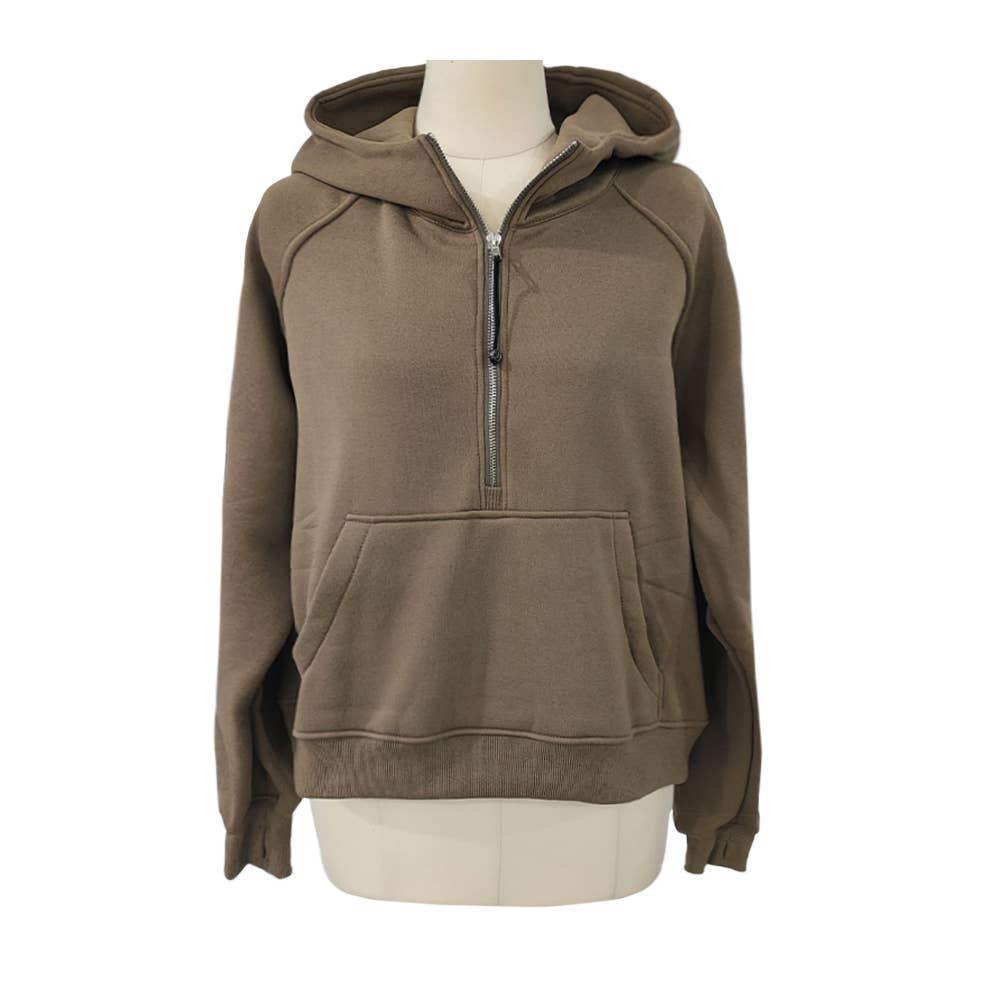 Athleisure half zip fleece hoodie funnel neck jacket: Ash / L