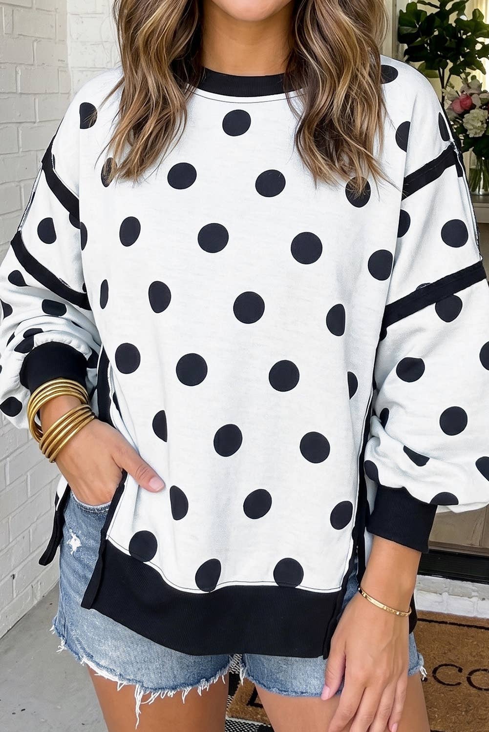 LAS Polka Dot Patchwork Split Hem Casual Sweatshirt (S-XL): White / L