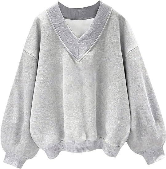 Solid Sweatshirt Casual Oversized V-Neck Pullover: Magenta / 35%Cotton+65%Polyester / M