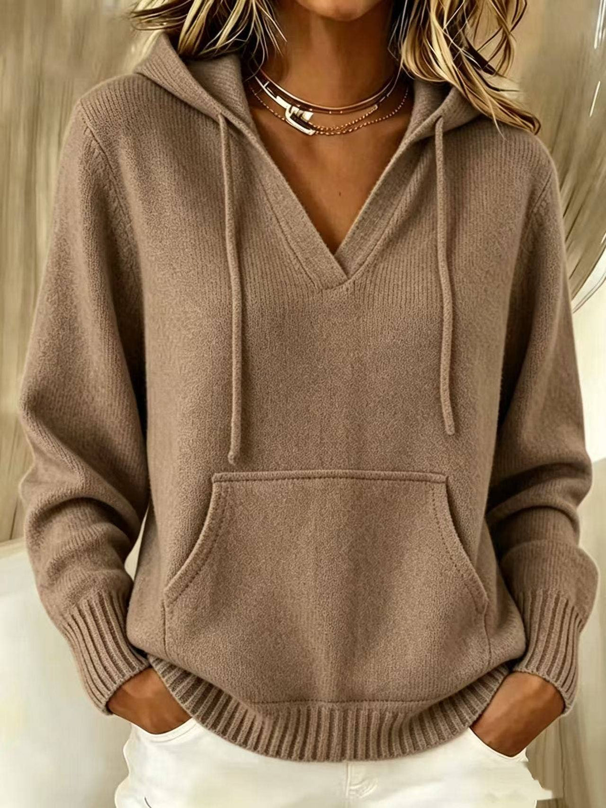 V Neck Hooded Knit Sweater with Kangaroo Pocket: Apricot / 100%Polyester / L
