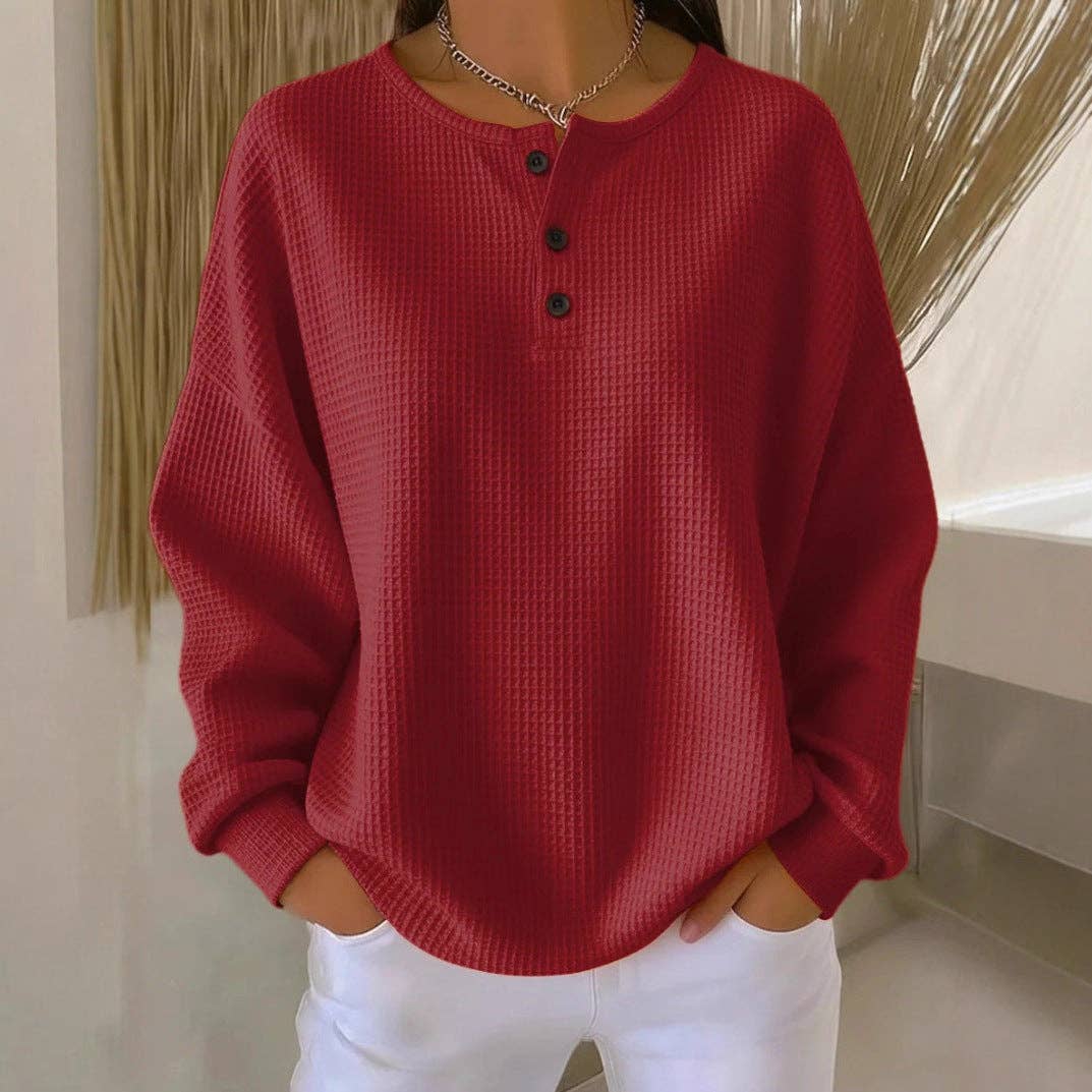 Waffle Knit Henley Top Oversized Long Sleeve Pullover: White / 100%Polyester / L