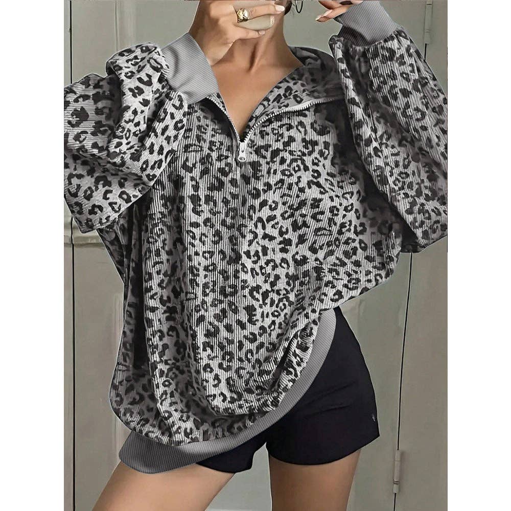 Leopard Corduroy Sweatshirt Streetwear Oversized Half Zip: Gray / 100%polyester / L