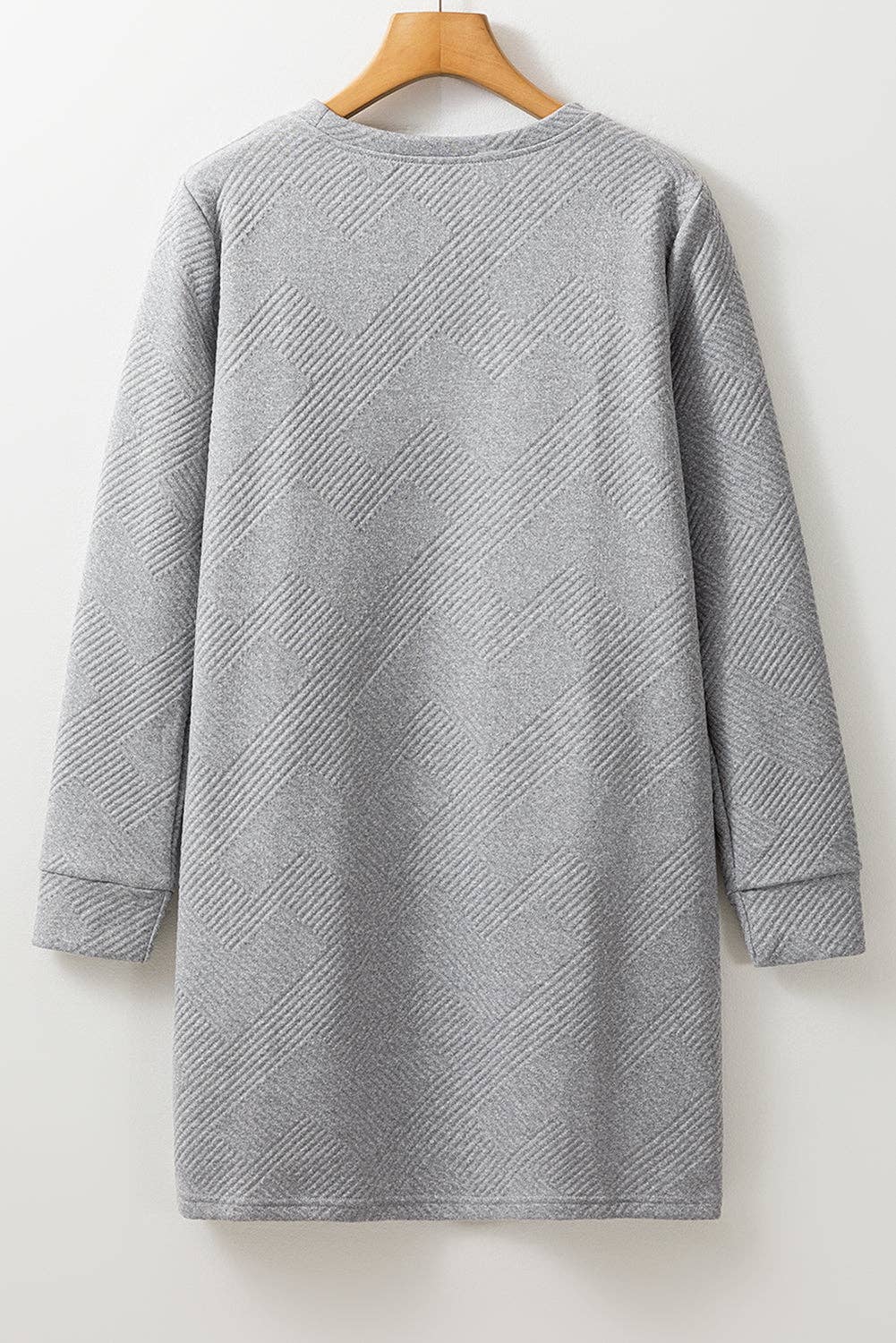 Customizable Solid Color Textured Long Sleeve Shift Dress: Gray / 97%Polyester+3%Elastane / L