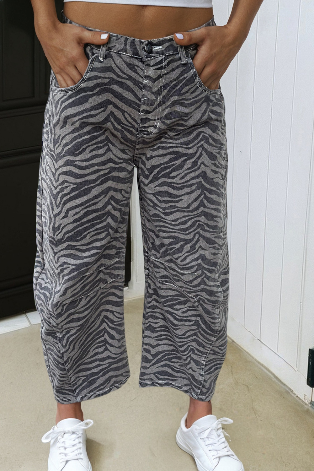 LAS Zebra Stripe Printed Wide Leg Jeans (4-16): Gray / Missy / 6