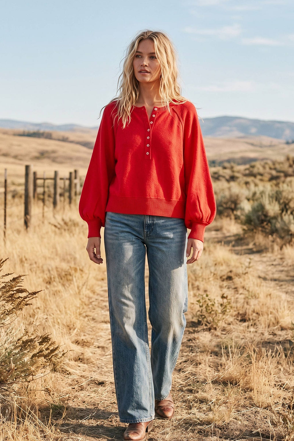 Henley Balloon Sleeve Sweater Top: IVORY / M