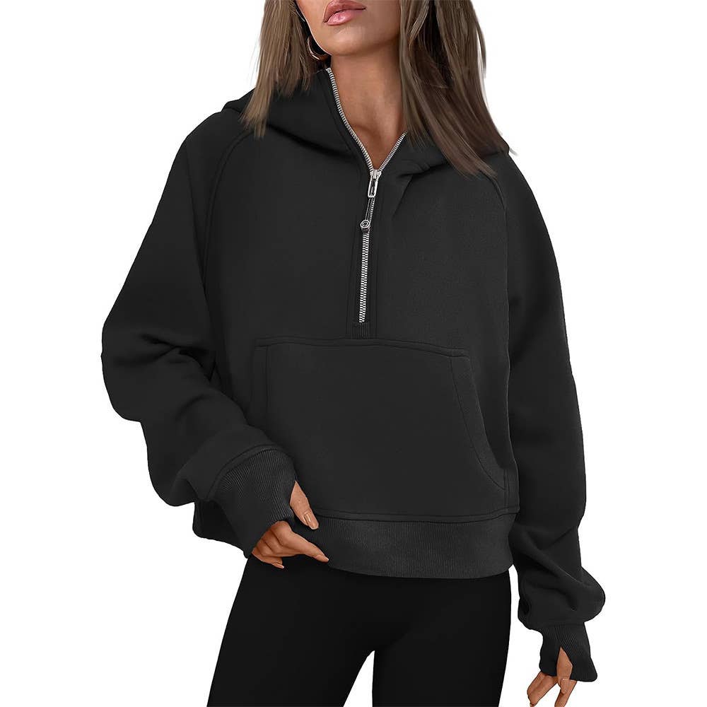 Athleisure half zip fleece hoodie funnel neck jacket: Black / M