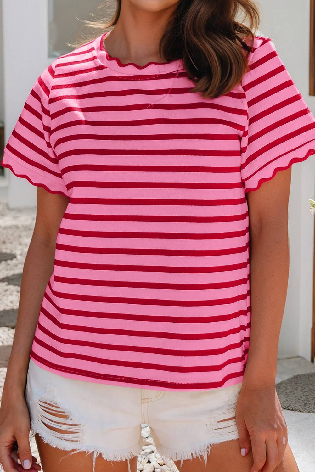 LDC Spring Scalloped Trim Round Neck Stripe T Shirt| S-4X: Green Stripe-2 / M