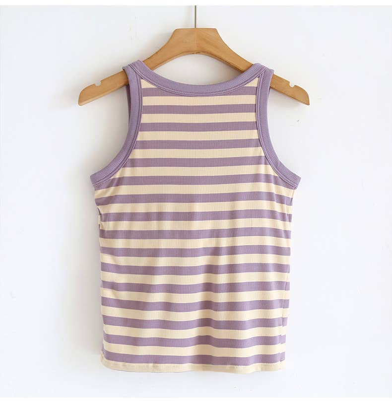 Stripe scoop neck rib knit built-in bra tank top: Black / L