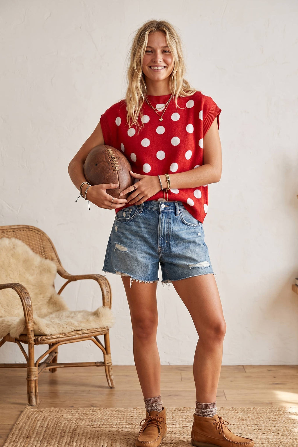 Gameday Polka Dot Sleeveless Knit Top: NAVY/WHITE / M