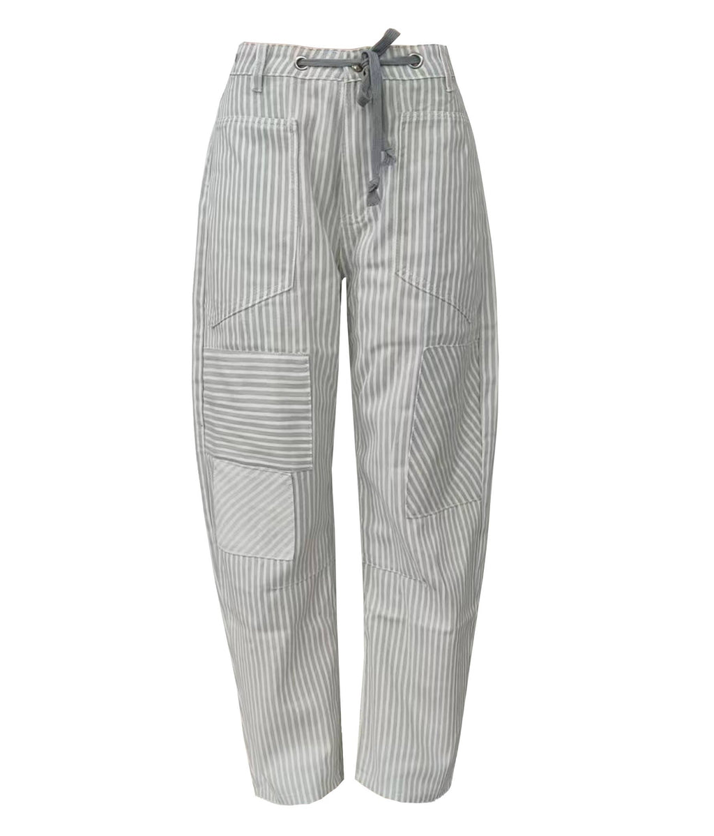 Fashion Mid-Rise Casual Striped Drawstring Wide-Leg Pants: Black / S
