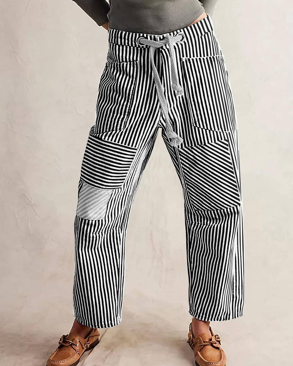 Fashion Mid-Rise Casual Striped Drawstring Wide-Leg Pants: Black / S