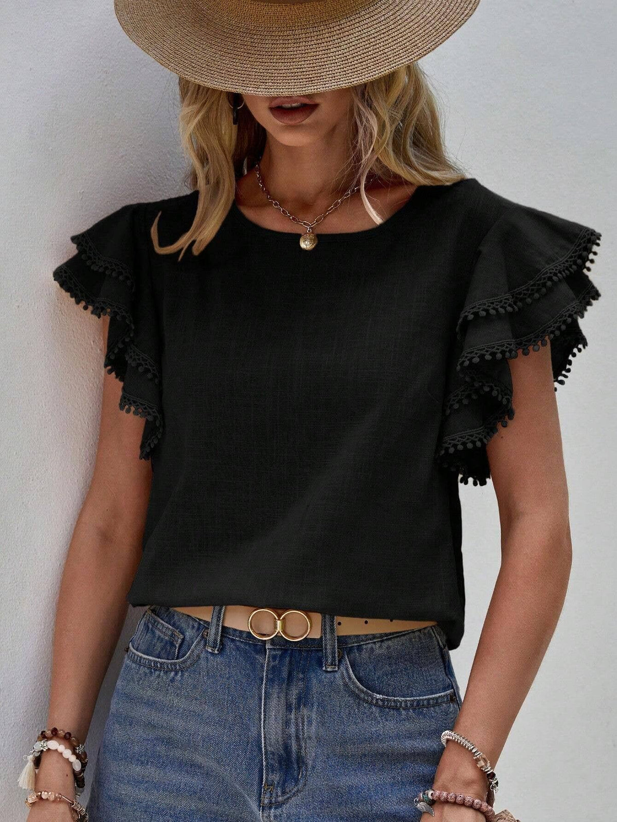 Summer Casual Loose Shirt Ruffle Short Sleeve Top: Blue / M