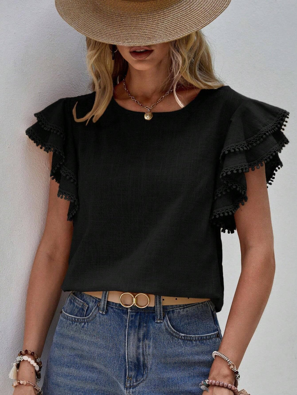 Summer Casual Loose Shirt Ruffle Short Sleeve Top: Black / M