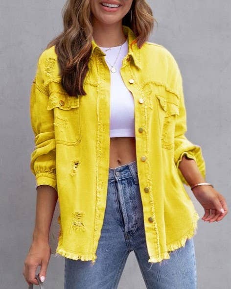 Ripped Long-Sleeved Denim Jacket: Khaki / M