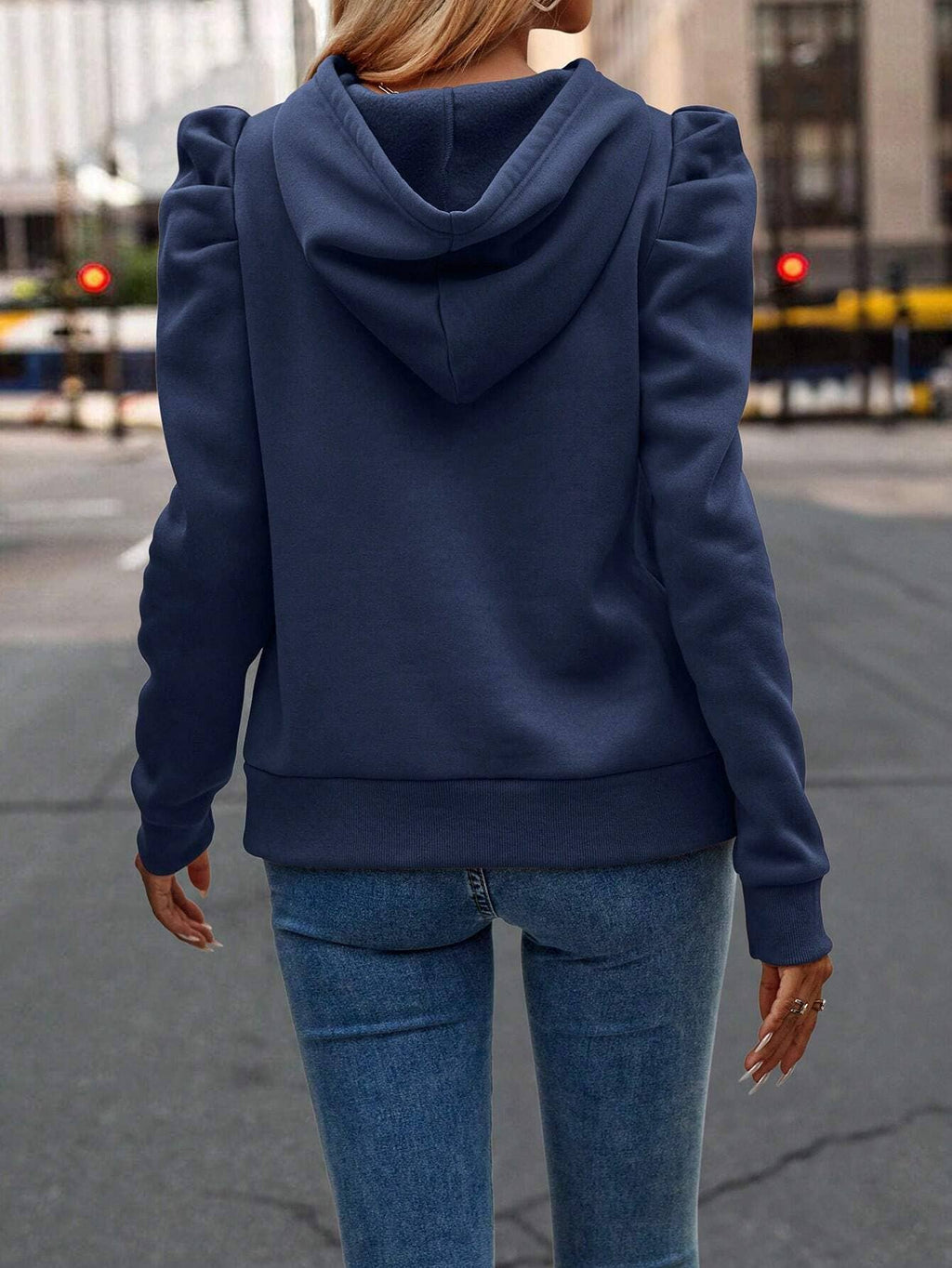 Hooded Solid Color Casual Sweatshirt: Navy / L