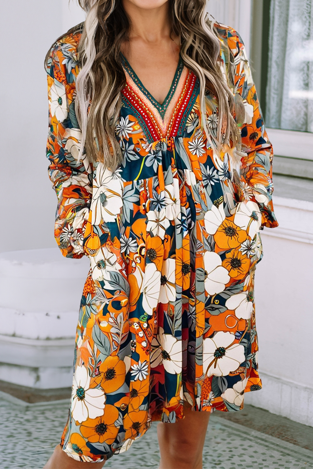 LDC Floral Print Striped Lace V Neck Long Sleeve Mini Dress: Orange / M