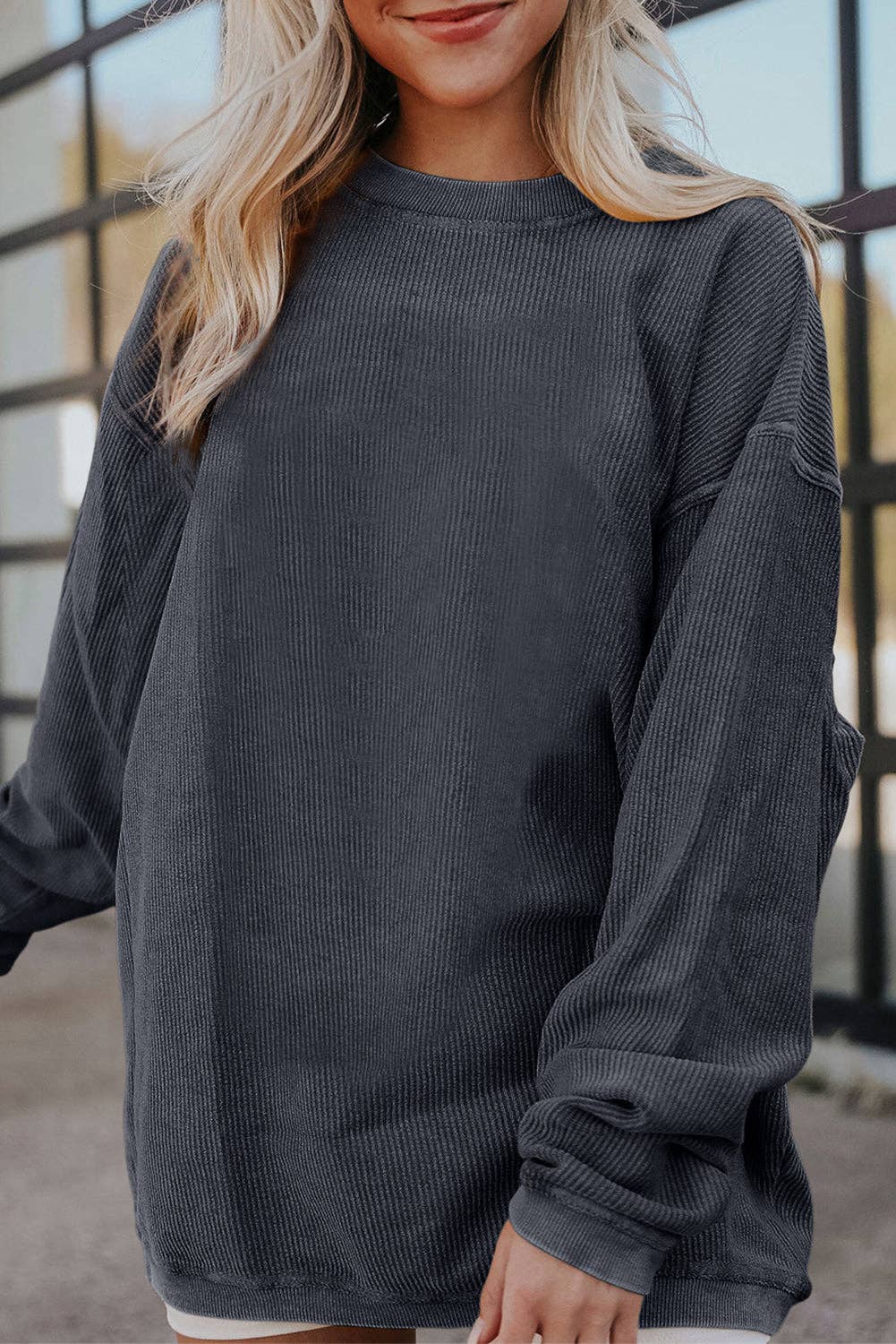Ribbed Corded Oversized Sweatshirt: Grass Green / 100%Polyester / M