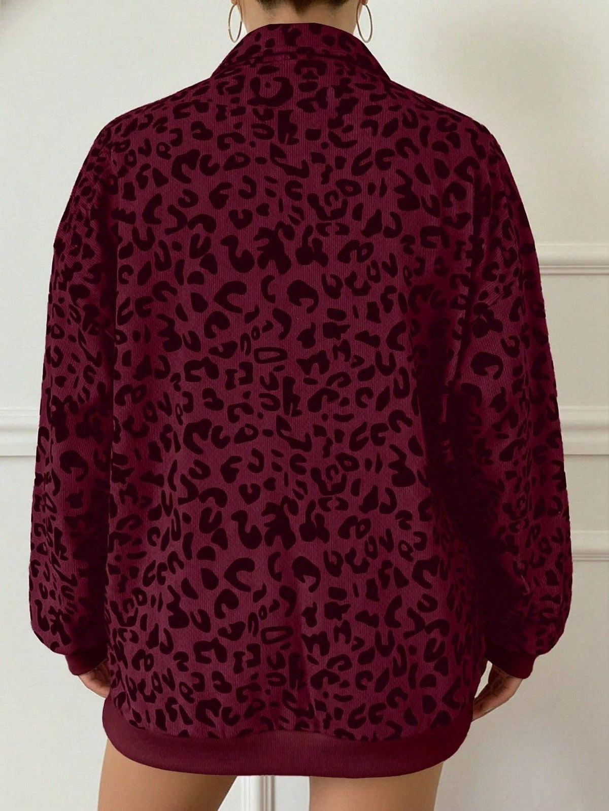 Leopard Corduroy Sweatshirt Streetwear Oversized Half Zip: Gray / 100%polyester / L