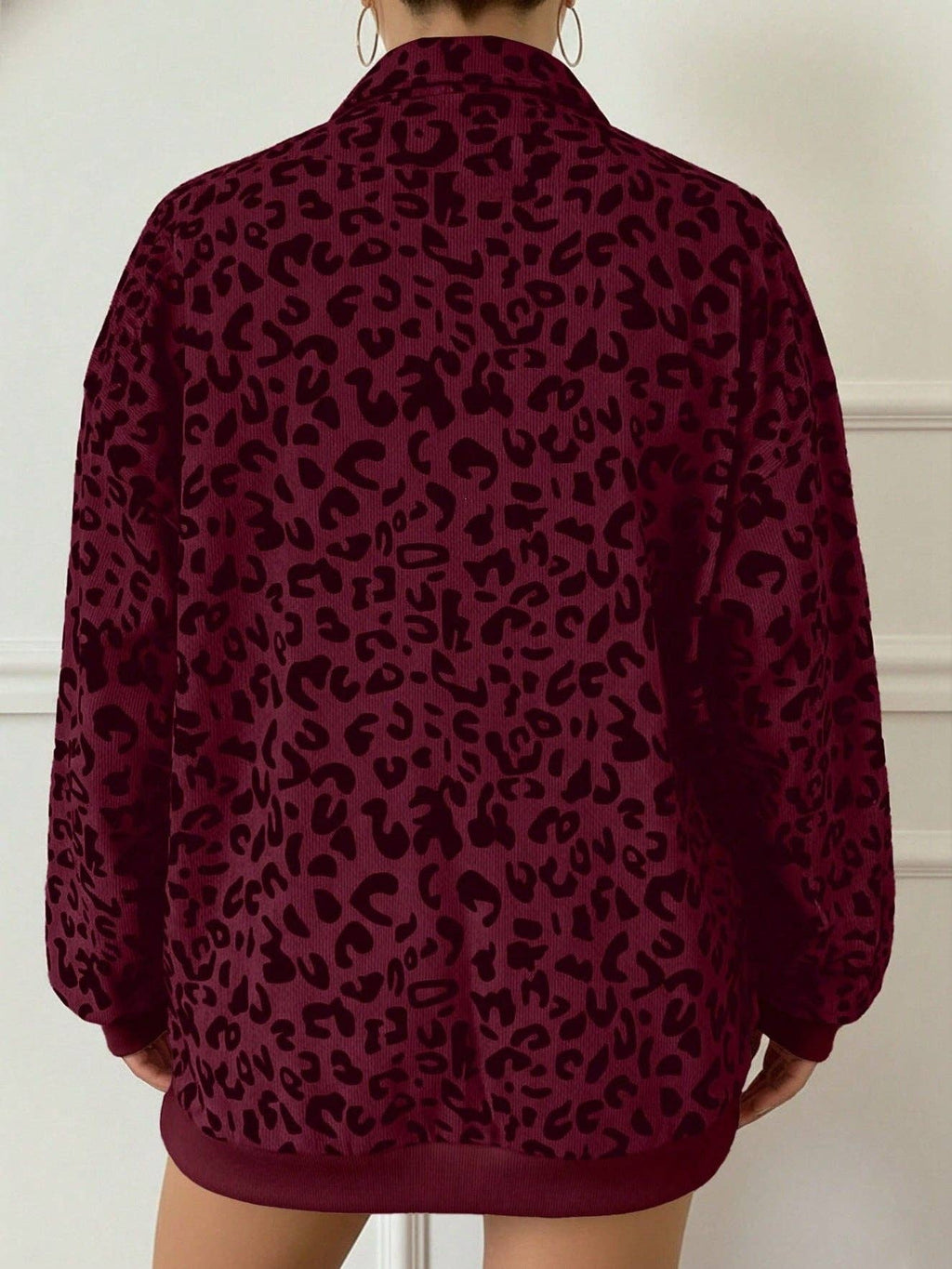 Leopard Corduroy Sweatshirt Streetwear Oversized Half Zip: Gray / 100%polyester / M