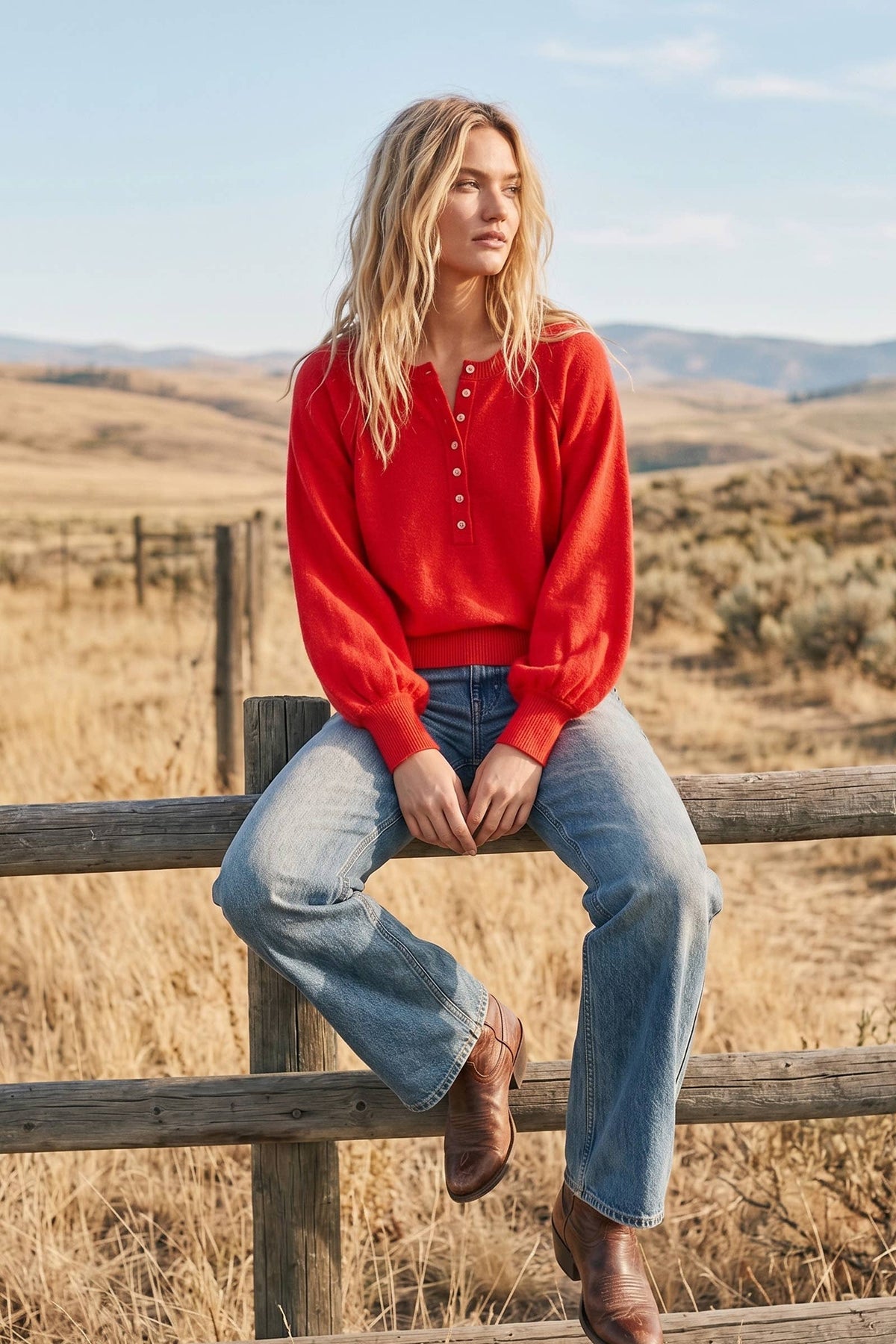 Henley Balloon Sleeve Sweater Top: IVORY / M