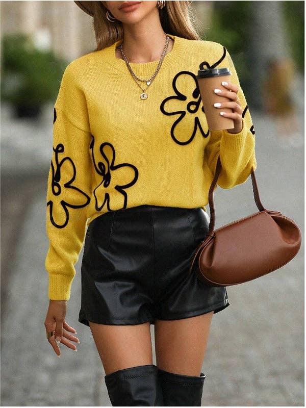 Oversized Floral Knit Sweater Women Casual: Yellow / S