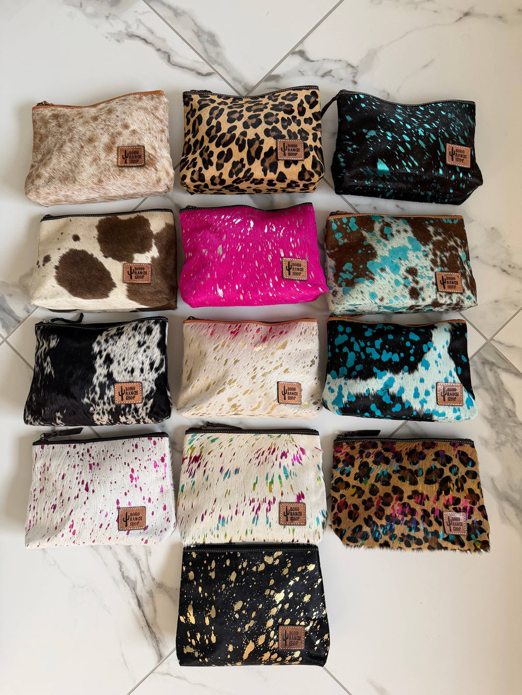 Western Cowhide Makeup Bag Travel: LEOPARD + RAINBOW