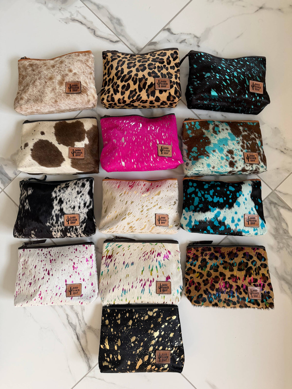 Western Cowhide Makeup Bag Travel: LEOPARD + RAINBOW