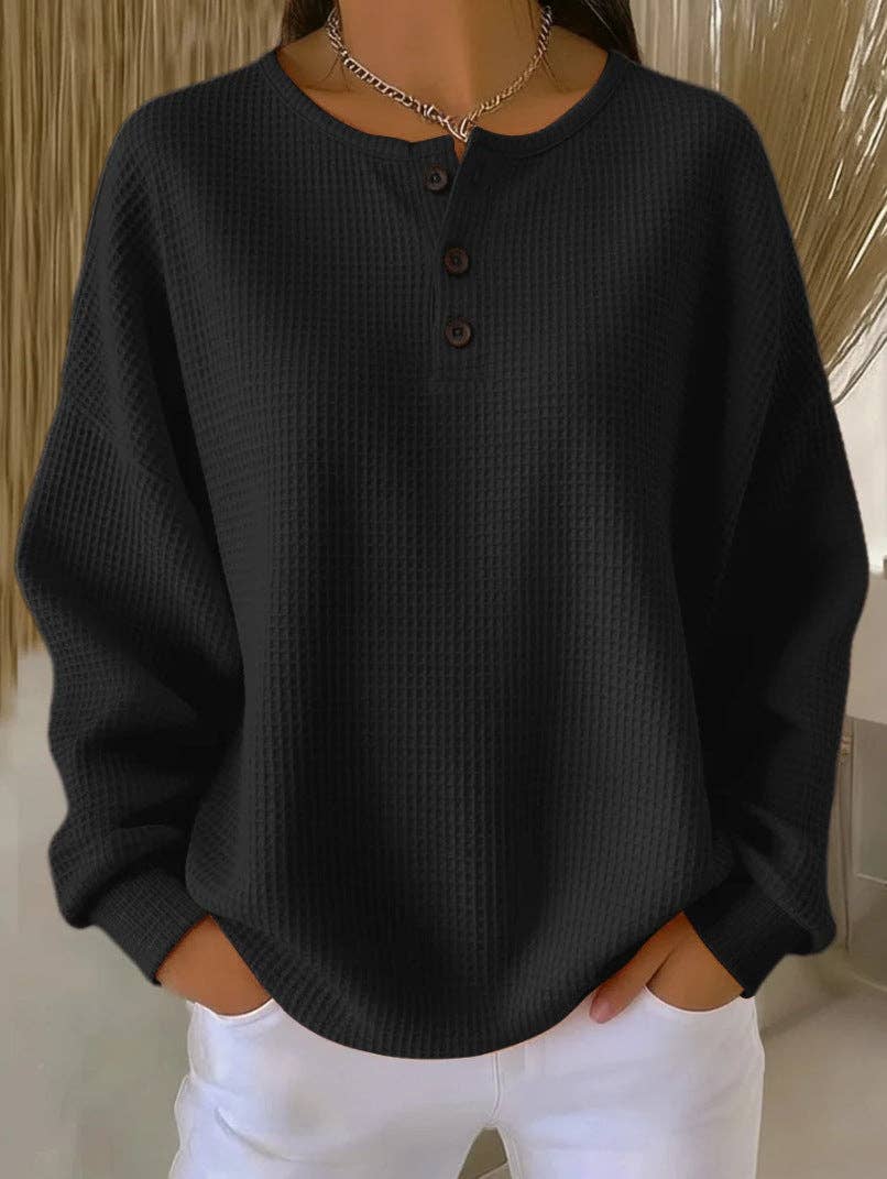 Waffle Knit Henley Top Oversized Long Sleeve Pullover: White / 100%Polyester / S