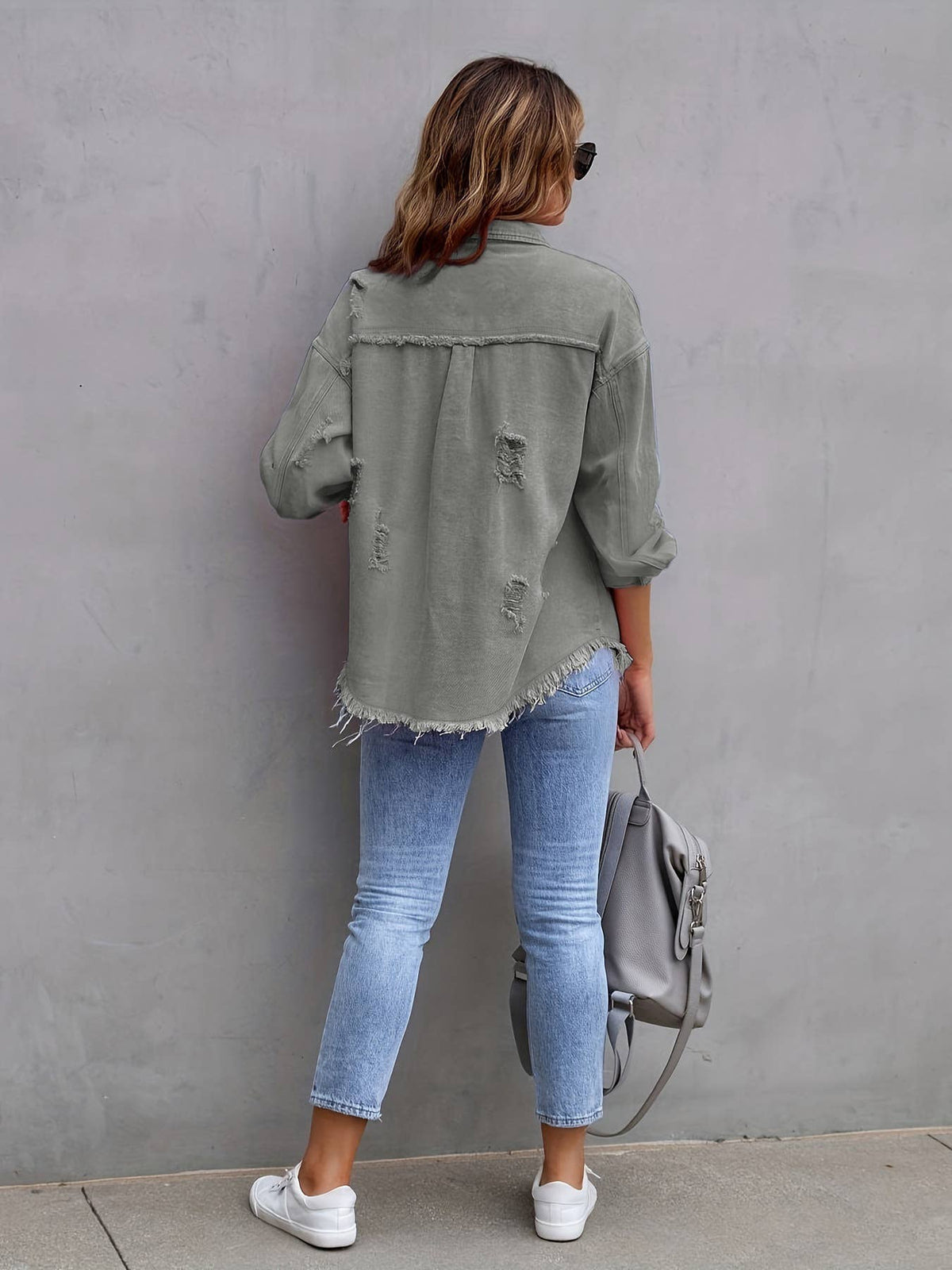 Ripped Long-Sleeved Denim Jacket: Khaki / XL