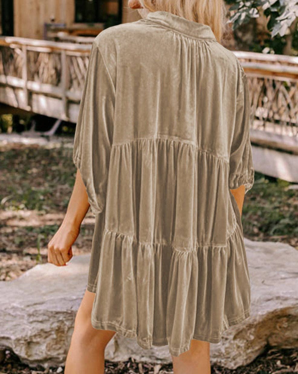 Velvet 3/4 Sleeve Tunic Babydoll Shirt: Pale Khaki / 95%Polyester+5%Elastane / S
