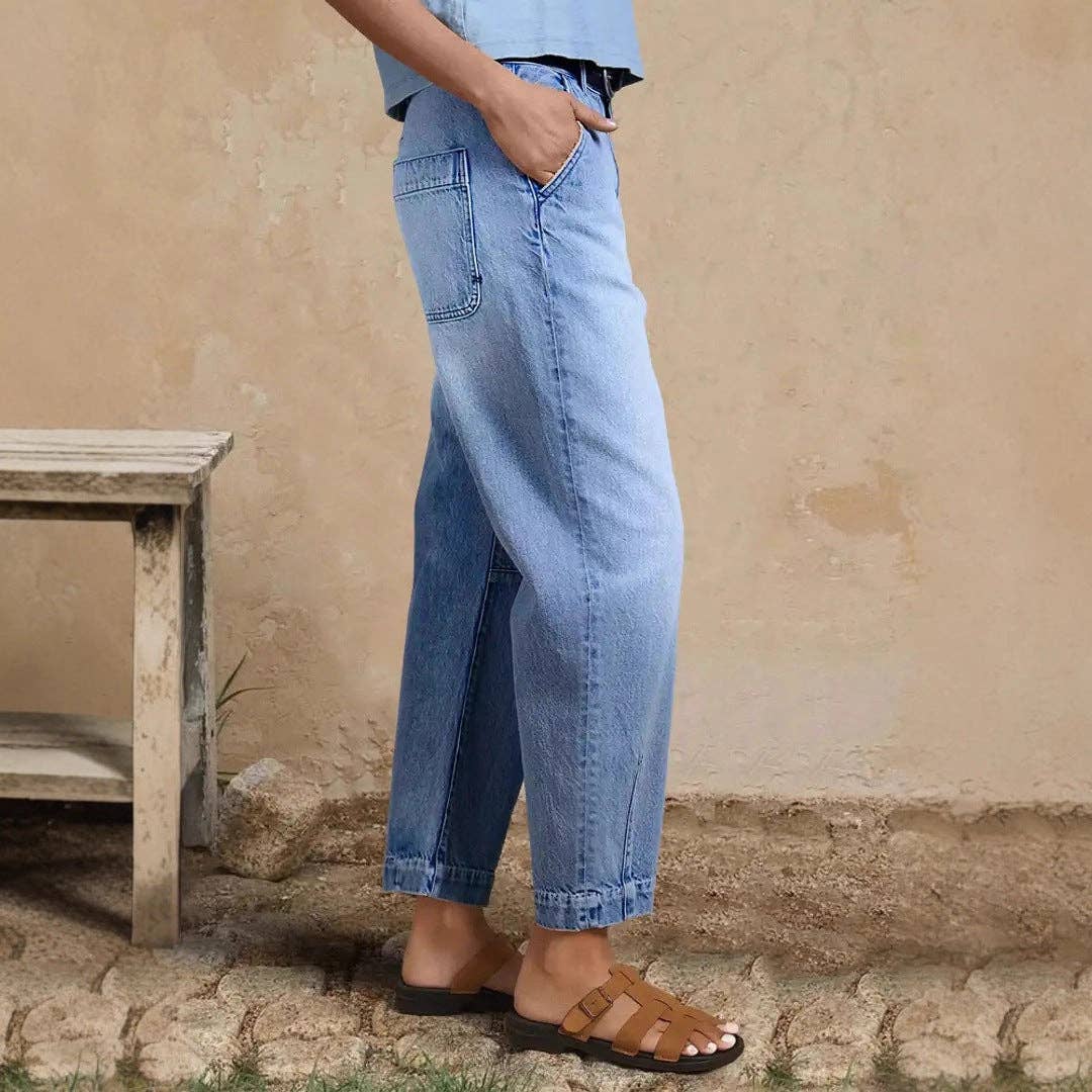 Trendy Casual High-Waisted Loose-Fit Denim Cropped Pants: Light Blue / L