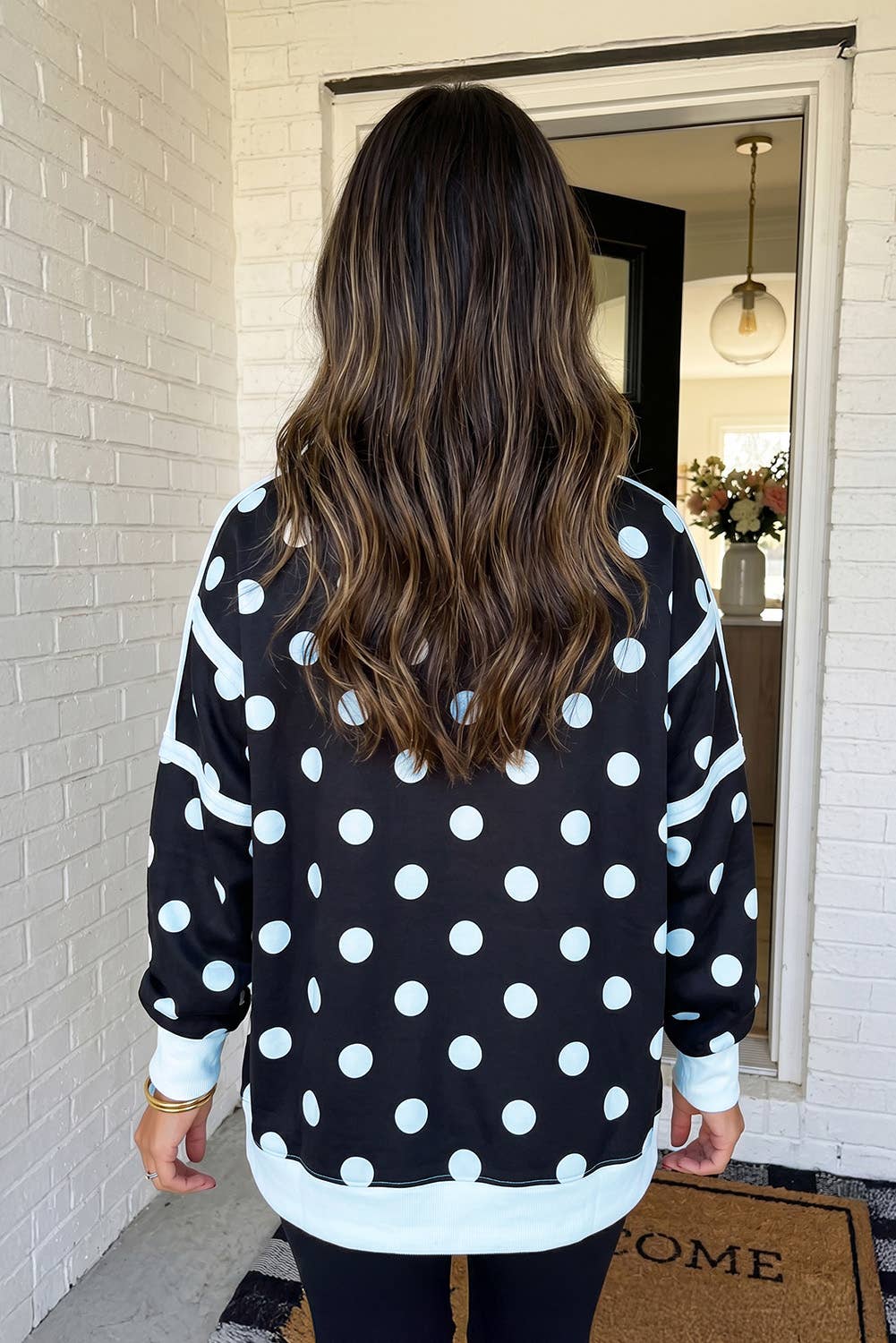 LAS Polka Dot Patchwork Split Hem Casual Sweatshirt (S-XL): White / L