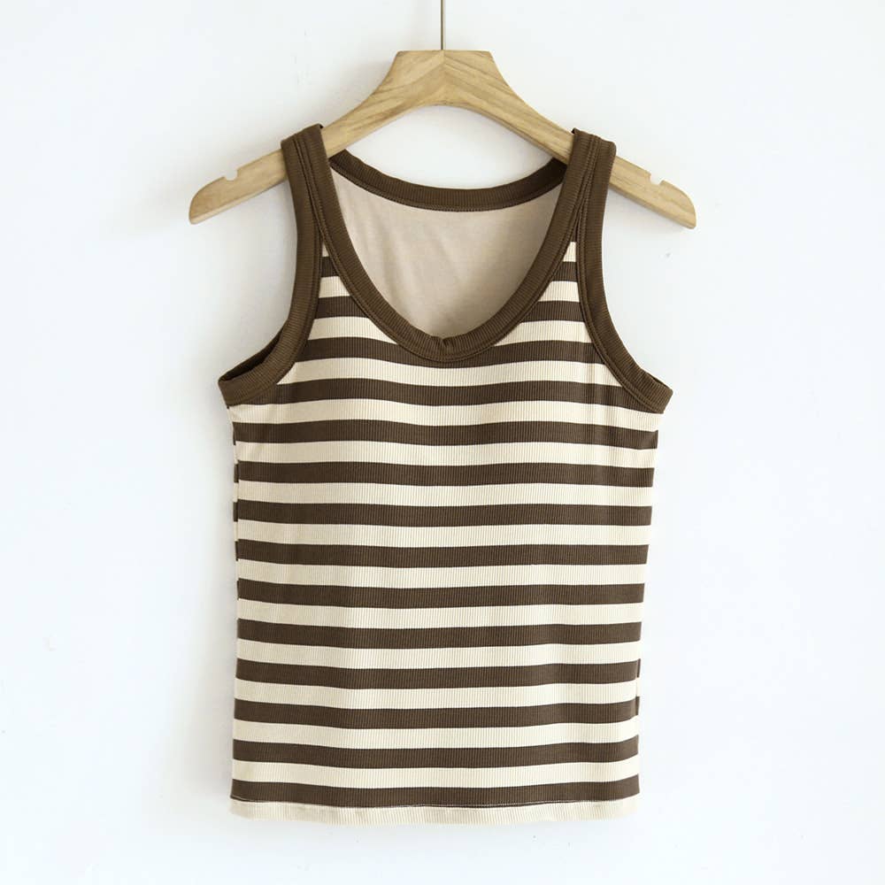 Stripe scoop neck rib knit built-in bra tank top: Black / M