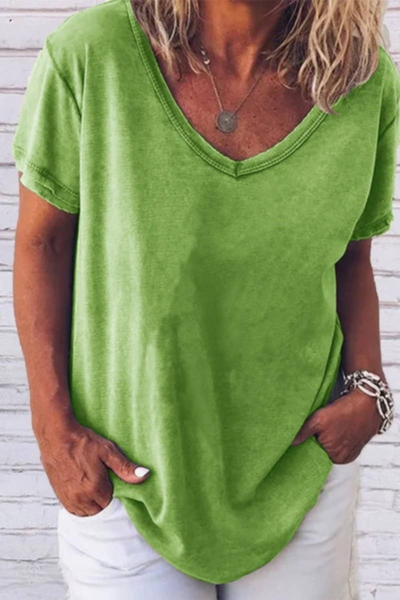 CWTTS1057_V NECK SOLID COLOR CASUAL SHORT SLEEVED T SHIRT: Pink / (M) 1