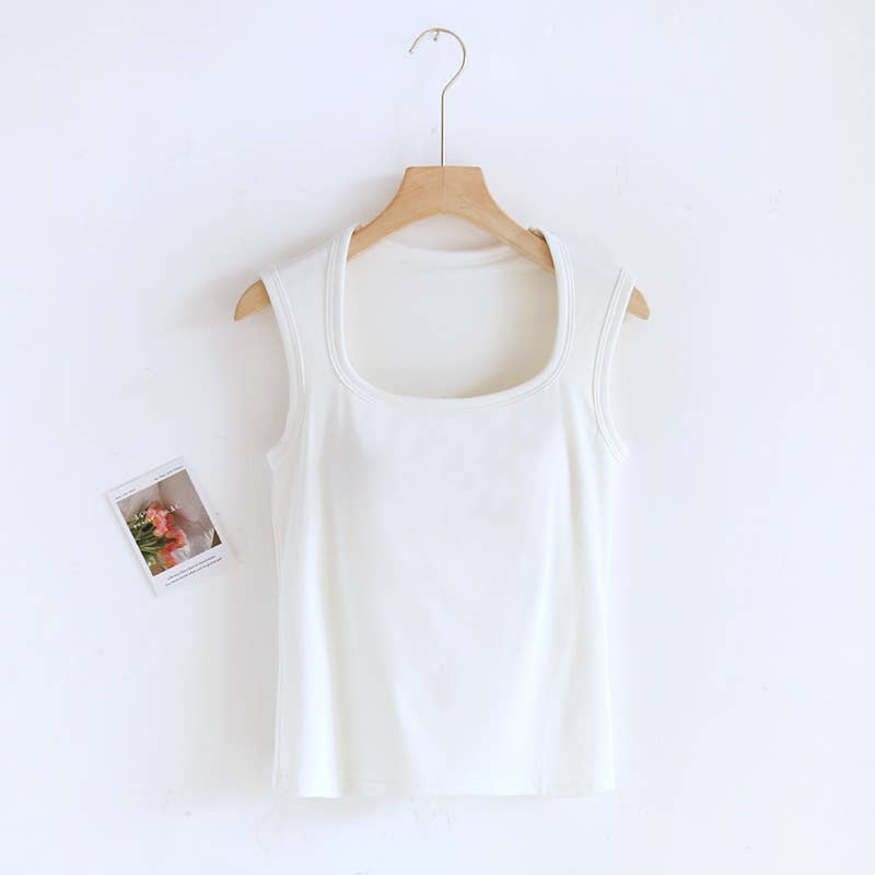 Queen-anne neck cotton blend built-in bra tank top: White / XL