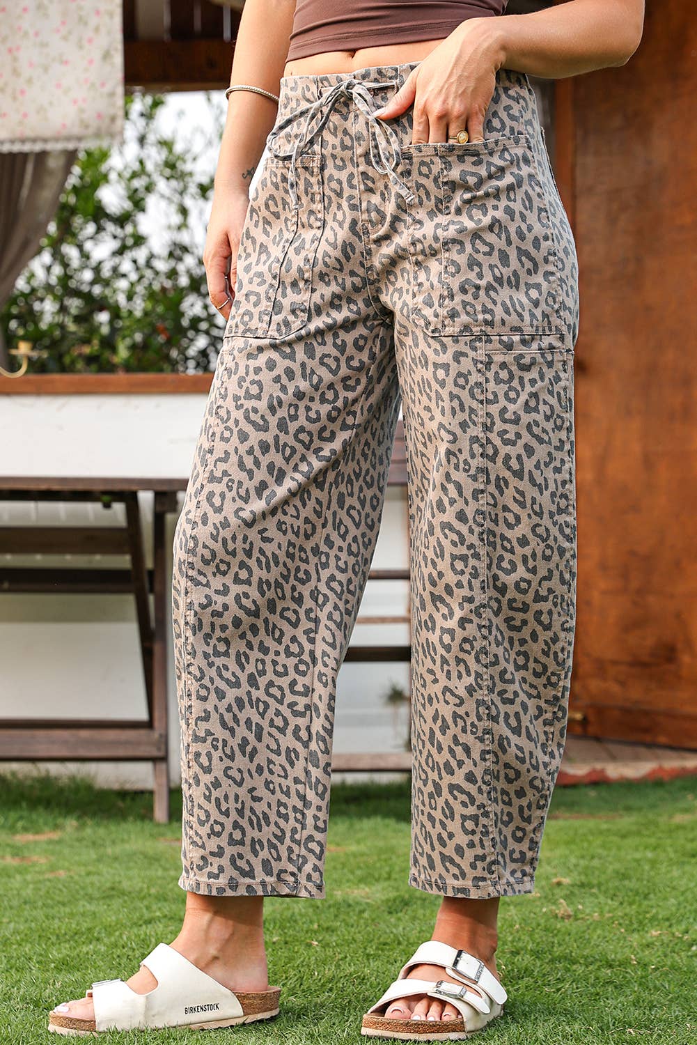Fall 2026 Leopard Drawstring Waist Pocketed Wide Leg Jeans: As shown / Missy / 8