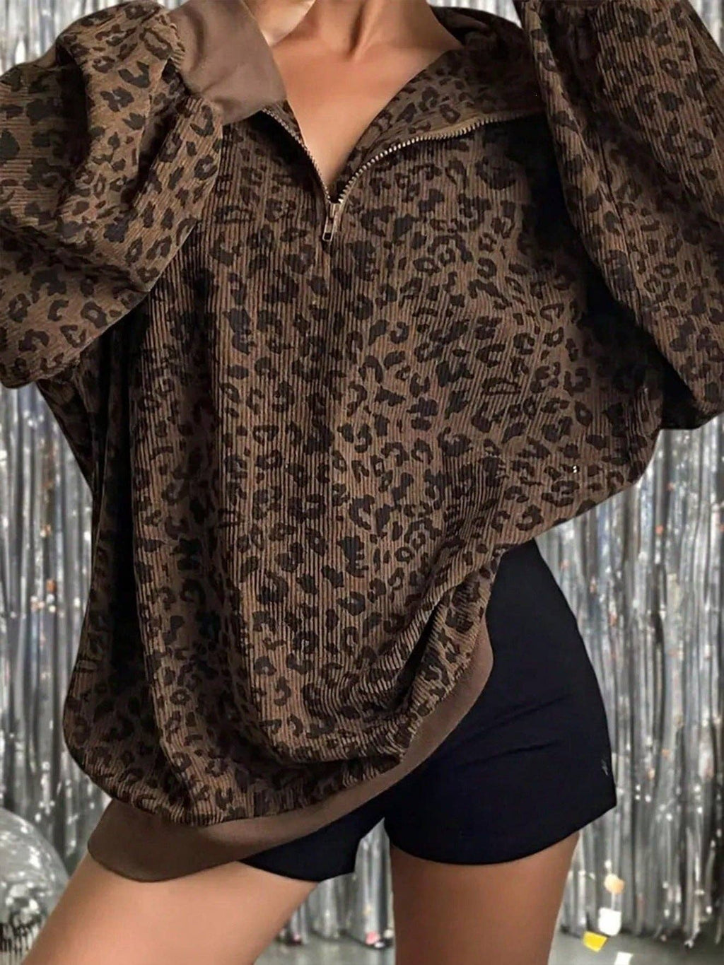 Leopard Corduroy Sweatshirt Streetwear Oversized Half Zip: Gray / 100%polyester / L